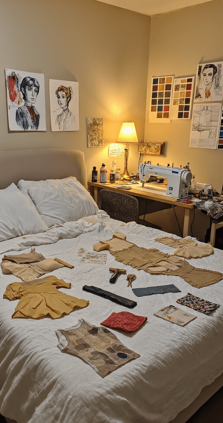 A vintage-style bedroom bathed in golden hour lighting, showcasing a queen bed with multiple stages of a detailed costume transformation. Nearby, a craft table holds EVA foam crafting tools, fabric scraps, and a sewing machine, while paint bottles, brushes, and reference photos are neatly arranged. The walls display inspiration boards adorned with character sketches and color swatches.