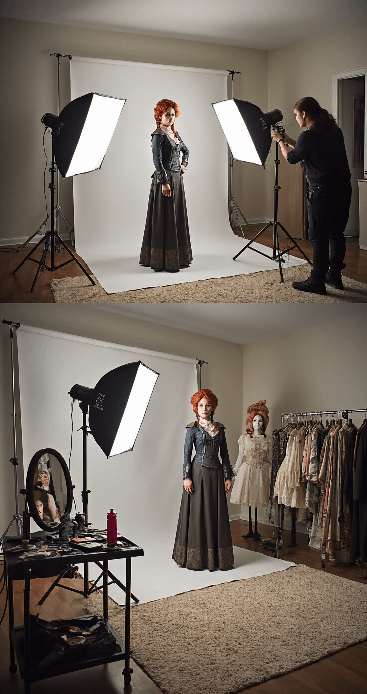 A modern apartment living room transformed into a photo studio, featuring warm evening lighting with softbox shadows. A fully-costumed character poses against a plain backdrop while a photographer adjusts their equipment. A clothing rack filled with costumes and accessories is nearby, alongside a makeup station showcasing character transformation photos.