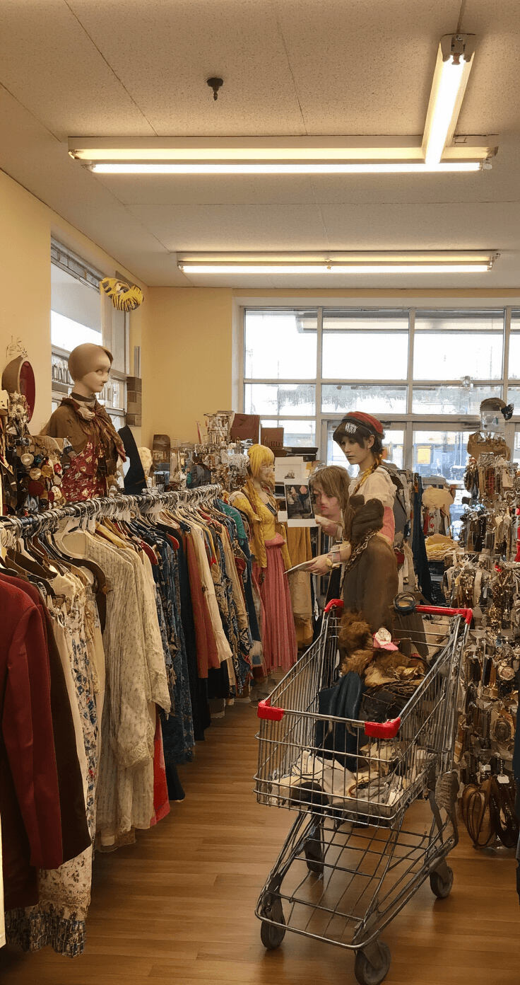 A cosplayer examines vintage clothing racks in a thrift store, illuminated by warm fluorescent lighting. They hold a reference photo while a shopping cart nearby is filled with colorful costume pieces. Accessories such as belts, jewelry, and bags are displayed nearby, with natural light from windows enhancing the textures and patterns of the fabrics.