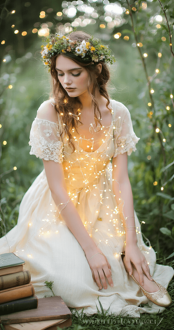 10 Must-Try Halloween Costumes for 2025: From DIY to Store-Bought Magic A sustainable fairy tale princess stands in an enchanted garden during late afternoon, wearing an upcycled cream vintage dress adorned with intertwined LED fairy lights. She features a natural flower crown of fresh wildflowers and preserved leaves, and thrifted gold ballet flats embellished with recycled ribbon. The scene is enhanced by a soft bokeh effect from string lights, captured with dreamy natural backlighting, while vintage books and sustainable decorations are artfully arranged nearby.