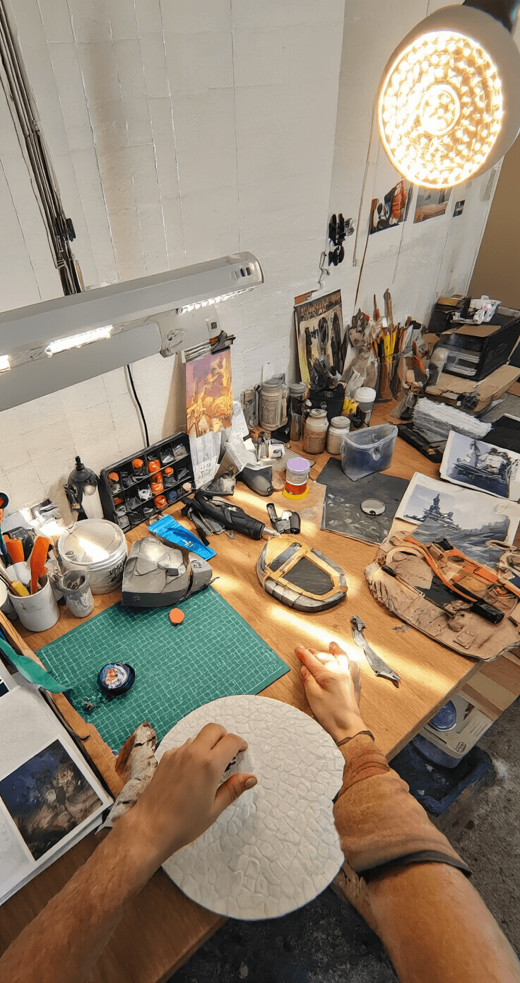 Close-up of hands using a heat gun on EVA foam in a bright, organized craft room, with tools, reference images, paint samples, and finished props visible. LED strip lights enhance the workspace ambiance.