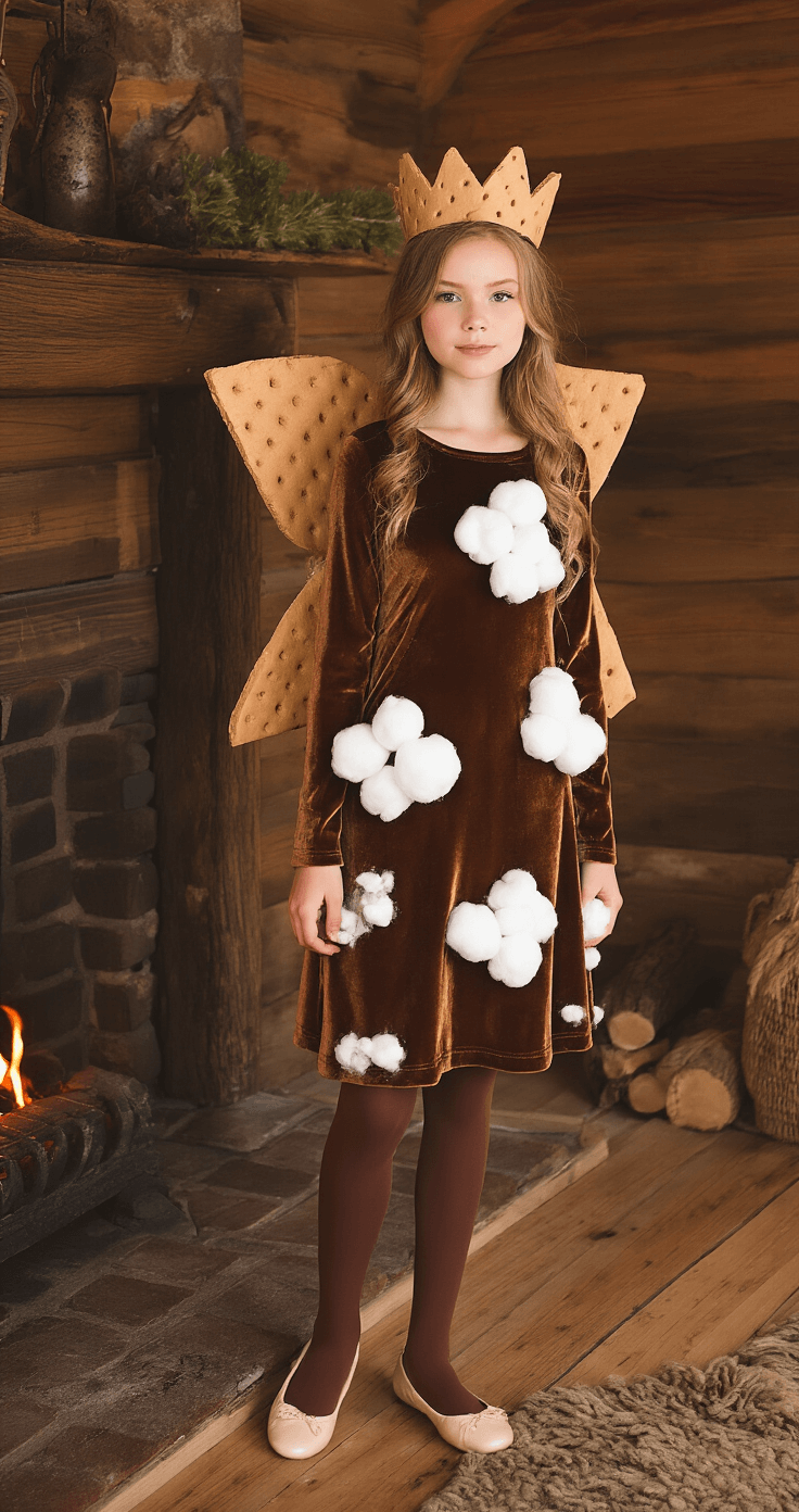 10 Must-Try Halloween Costumes for 2025: From DIY to Store-Bought Magic A model in a brown velvet midi dress with cotton ball 'marshmallow' clouds poses in a cozy rustic cabin, wearing a DIY cardboard graham cracker crown, chocolate-colored tights, and cream ballet flats, with warm firelight illuminating forest-inspired accessories and subtle sparkle details.