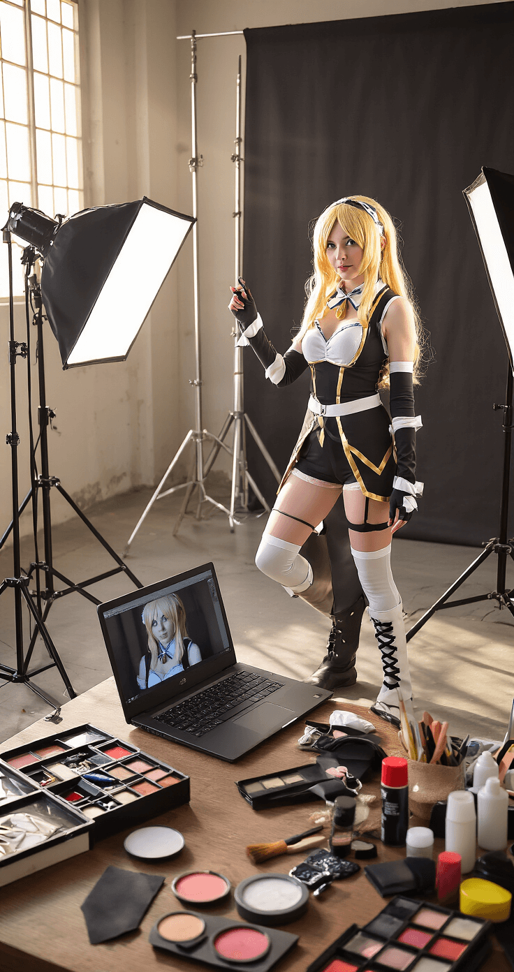 A cosplay character poses in a professional photography studio, illuminated by natural and studio lighting, as they review images on a laptop. The scene features various light setups, reflectors, and backdrop options, with a nearby styling station displaying makeup products and wig styling tools.