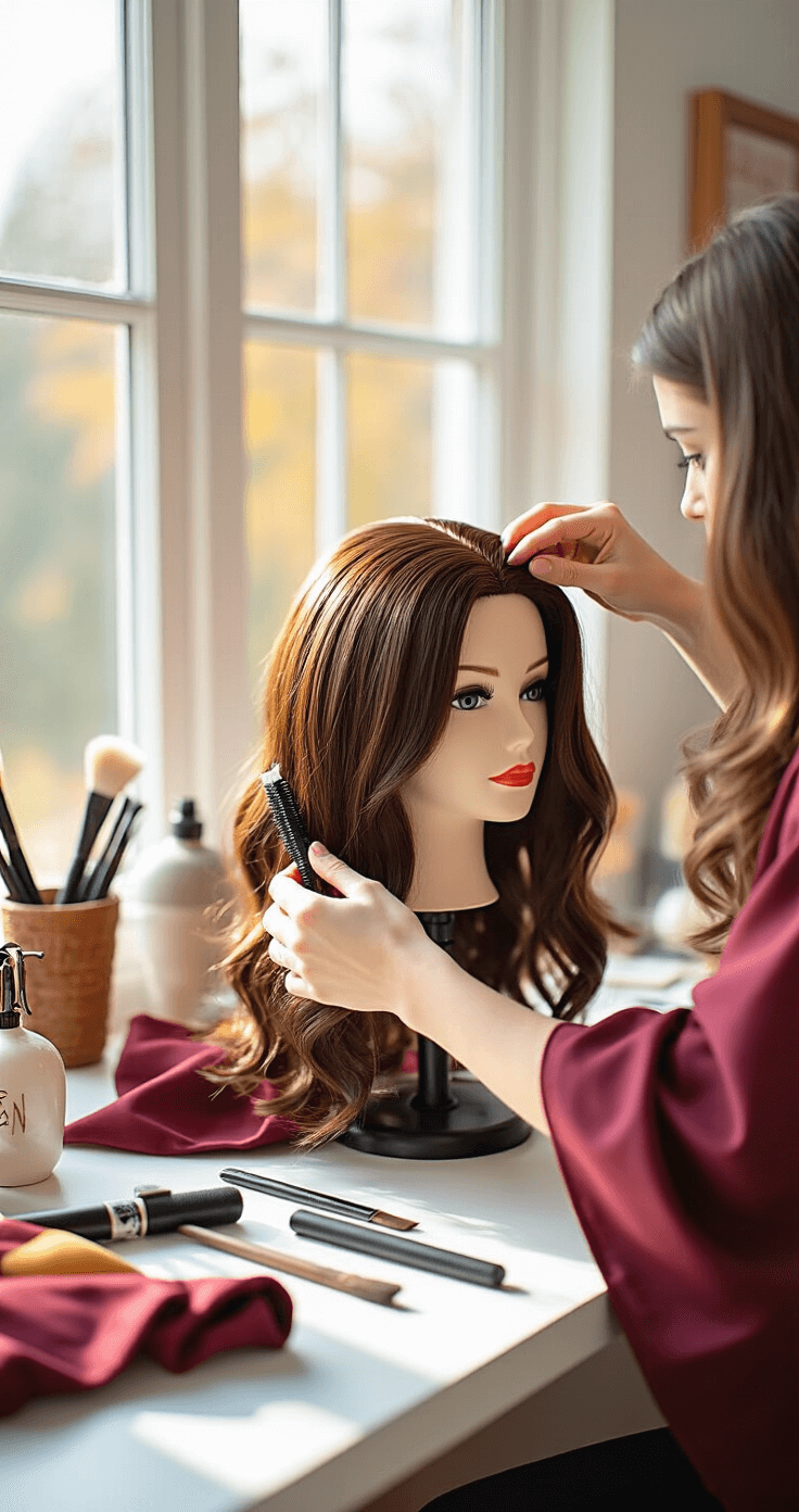 10 Perfect Brown Hair Cosplay Ideas for Beginners A young woman styles a brown synthetic wig on a mannequin head in a cozy home studio, surrounded by cosplay supplies and fabric samples, with warm afternoon light highlighting the textures and colors in a close-up shot.