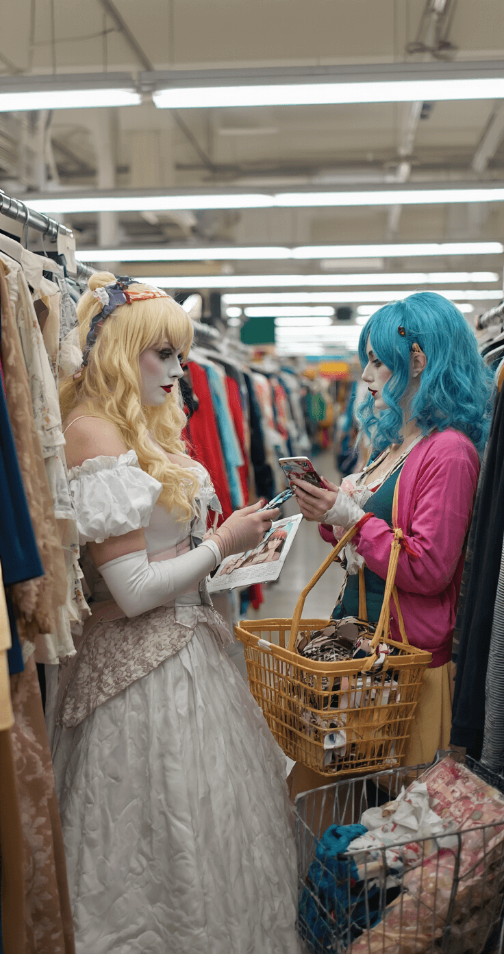 A cosplayer browses through racks of costume pieces in a thrift store, illuminated by fluorescent lights. They hold a phone displaying a reference photo, while a shopping basket filled with colorful fabric and accessories sits nearby, highlighting their budget-conscious and creative planning process.