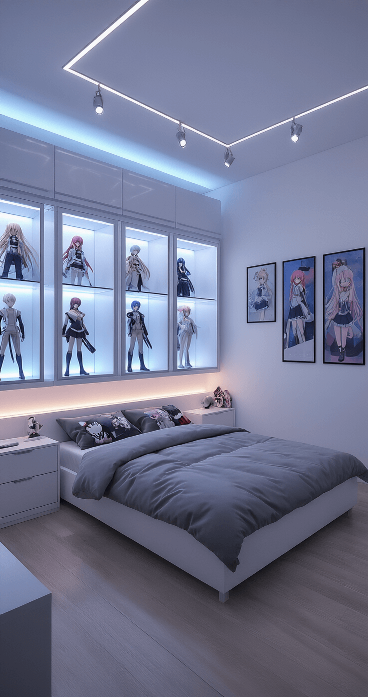Anime Bedroom Makeover: Transform Your Space into an Otaku Paradise A modern anime collector's bedroom featuring sleek white walls, LED-lit glass display cases with scale figures, a king bed with grey bedding and anime-themed pillows, and a smart lighting system for ambient effects, all captured in an ultra-wide shot at twilight.