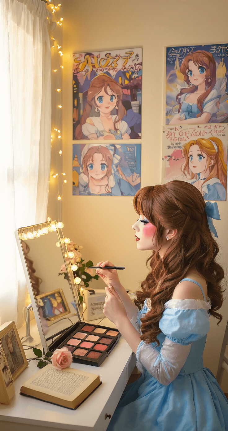 10 Perfect Brown Hair Cosplay Ideas for Beginners A bright bedroom corner features a cosplayer in a blue Belle-inspired dress applying makeup at a tidy vanity. Fairy lights and anime posters decorate the space, while golden hour sunlight filters through sheer curtains, highlighting her wavy brown wig and an open makeup palette. Nearby, a vintage book and a rose add a charming touch.