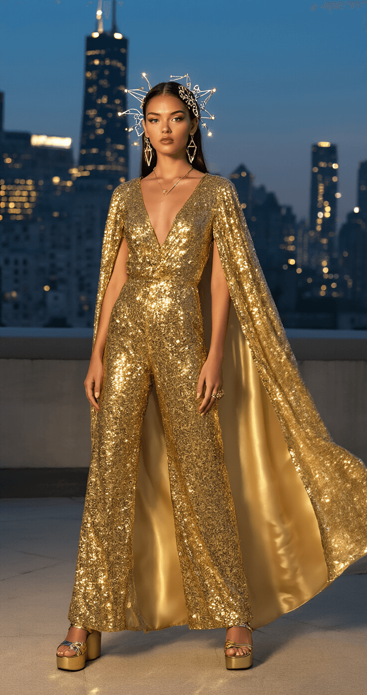10 Must-Try Halloween Costumes for 2025: From DIY to Store-Bought Magic A female model representing the Leo zodiac sign stands in a contemporary rooftop setting at twilight, wearing a gold sequined jumpsuit with a dramatic cape. Her constellation-inspired crystal hair accessories sparkle in the city lights, complemented by metallic platform sandals and celestial jewelry. The scene is illuminated by multiple light sources, creating a dramatic atmosphere against the urban skyline backdrop, captured from street level looking up.