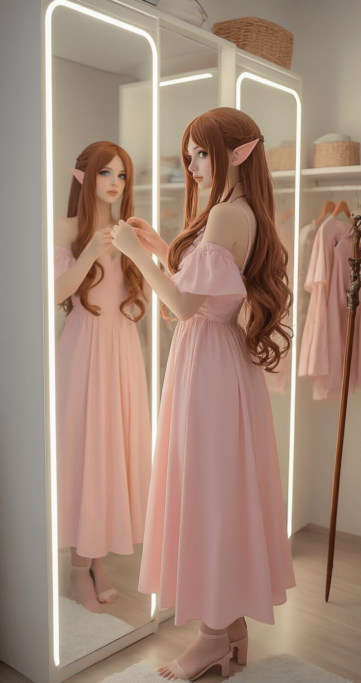 10 Perfect Brown Hair Cosplay Ideas for Beginners A cosplayer adjusts a pink midi dress and brown wig in a modern minimalist dressing room with full-length mirrors, soft diffused lighting highlighting the dress's fabric and wig's movement, alongside contemporary accessories and a wooden staff prop on a clothing rack.