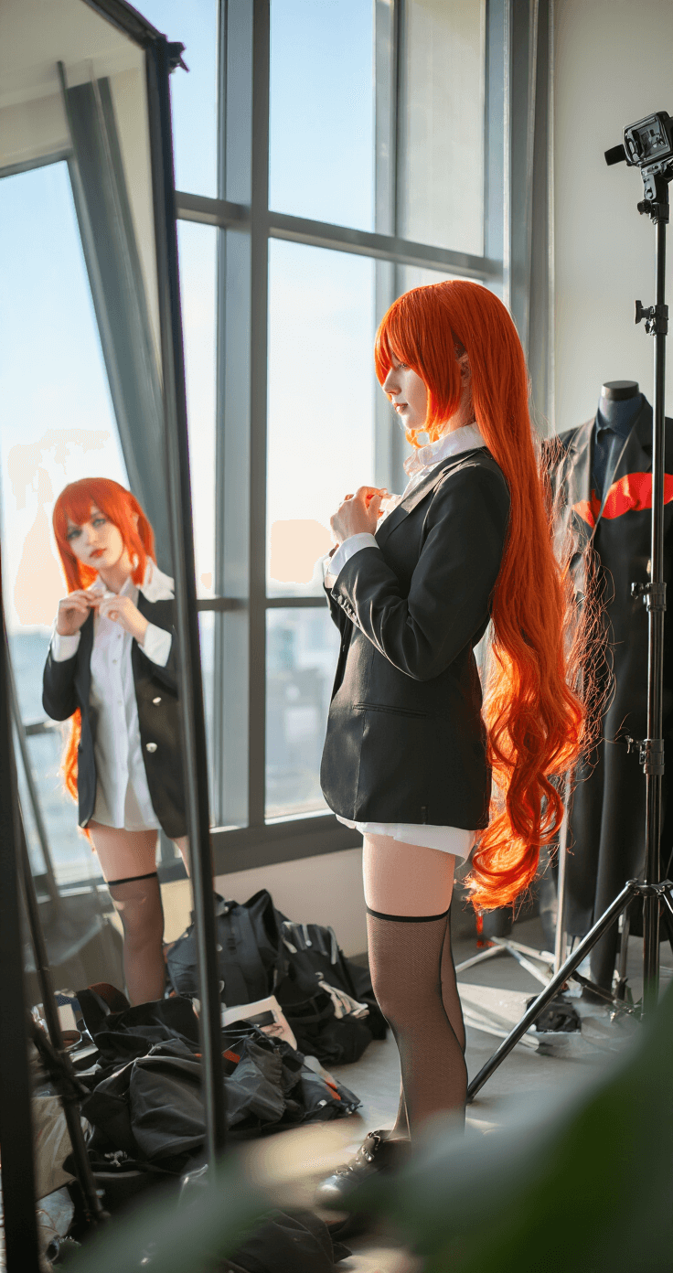 A young female cosplayer finalizes her Chainsaw Man Makima costume in a bright photography studio, with natural light streaming in through large windows. She wears a black blazer and a white shirt, her red wig perfectly styled, captured in mirror reflection. Professional lighting and costume elements are blurred in the background.