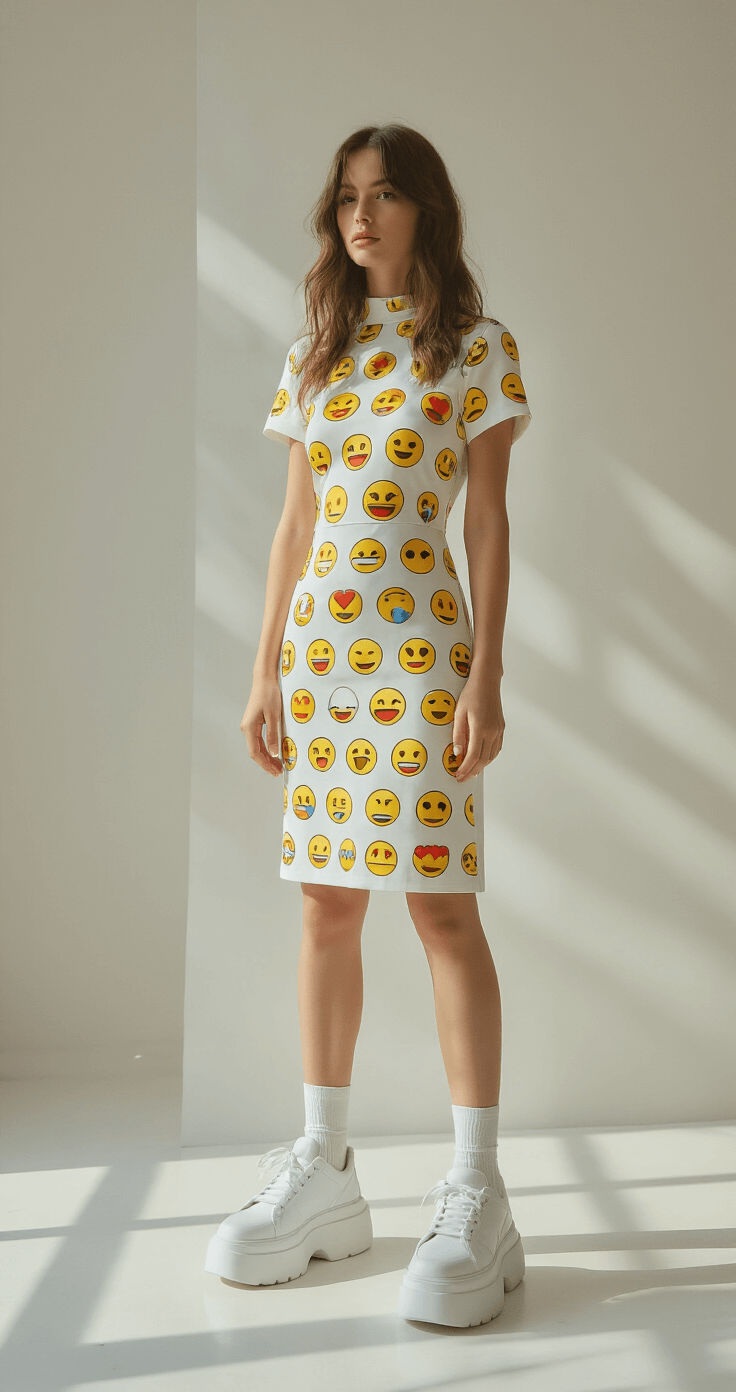 10 Must-Try Halloween Costumes for 2025: From DIY to Store-Bought Magic A model in a pristine white midi dress featuring emoji prints stands in a minimalist studio space, wearing platform white sneakers and tech-inspired accessories. The shot is taken straight-on against a pure white backdrop, with blown-out natural lighting and subtle shadows, showcasing modern styling with pop culture elements.