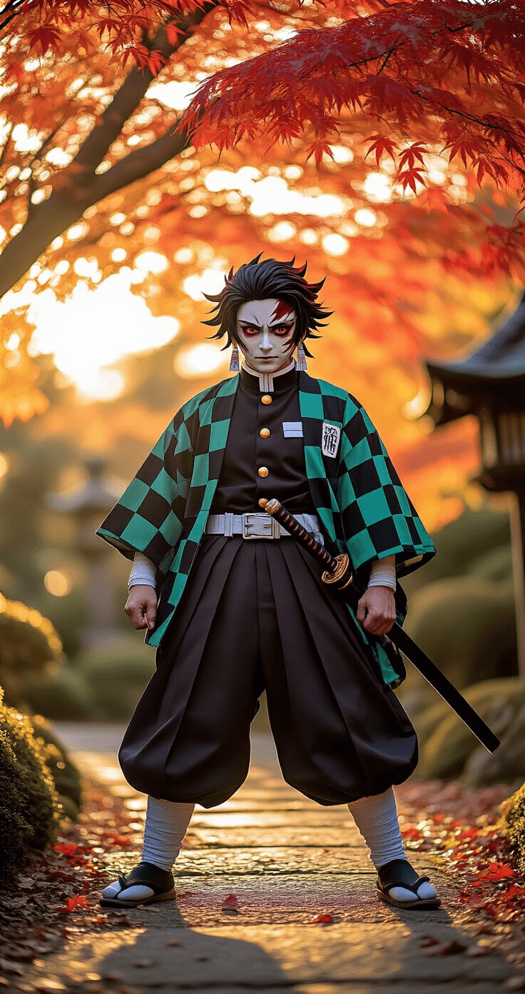 A cosplayer dressed as Tanjiro from Demon Slayer poses dramatically under golden hour sunlight, surrounded by Japanese maple trees in a traditional garden. The checkered green-black haori and dark uniform showcase intricate fabric textures, while the dramatic low angle enhances the scene.