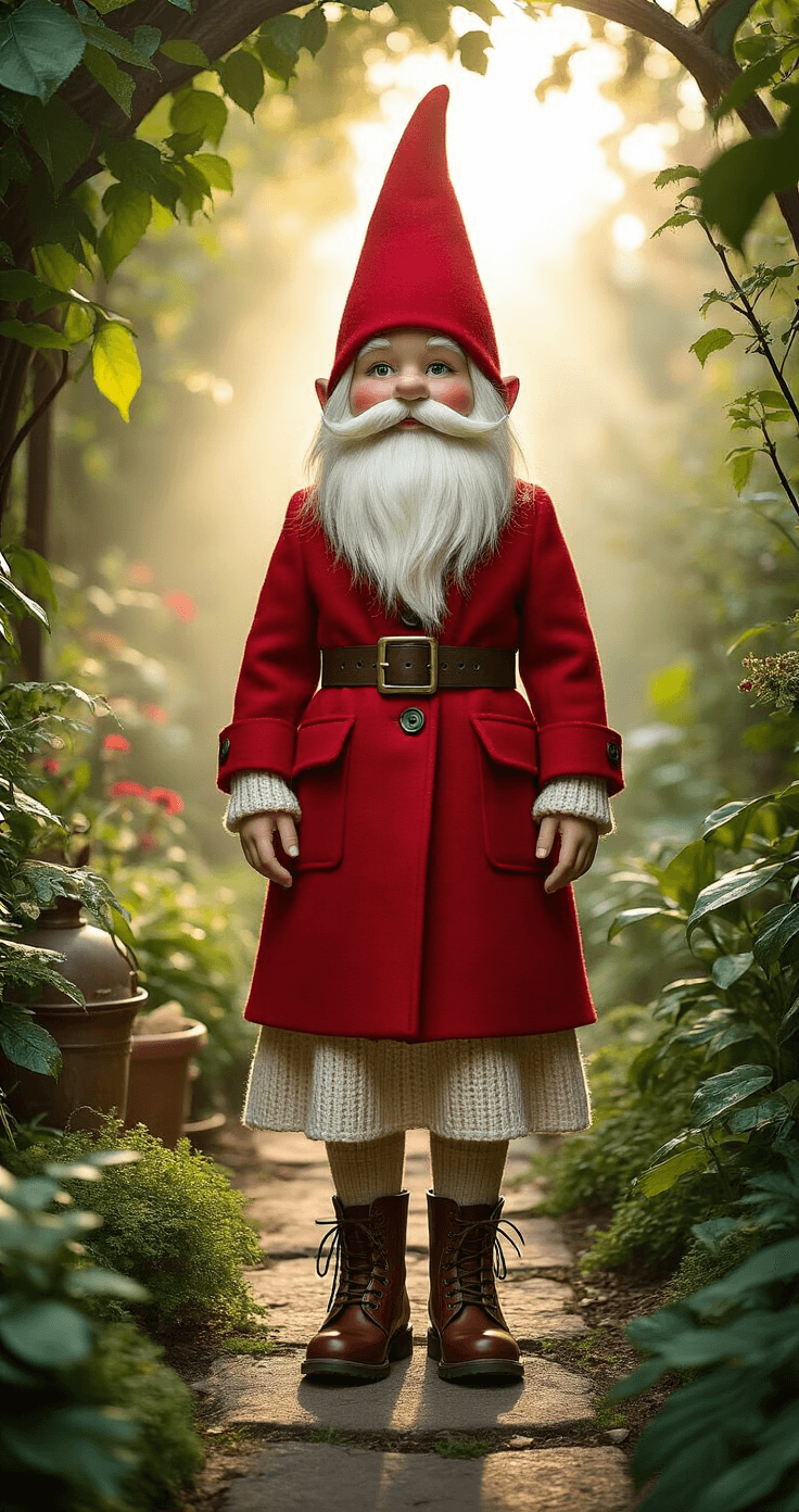 10 Must-Try Halloween Costumes for 2025: From DIY to Store-Bought Magic A whimsical garden gnome-inspired fashion scene features a model in an oversized vintage red wool coat over a cream knit dress, complemented by a leather belt, structured boots, and an artisanal fake beard styled as a dramatic collar. The setting is lush with botanicals, morning golden light filters through the foliage, and the shot is taken from below to highlight playful proportions, surrounded by thoughtfully arranged garden props and morning mist.