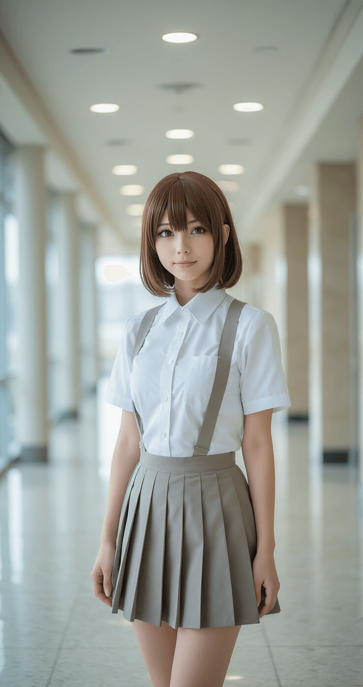 10 Perfect Brown Hair Cosplay Ideas for Beginners A Tohru Honda cosplayer in a white uniform top and pleated skirt poses in a bright convention center hallway, showcasing natural overhead lighting and an authentic street photography style.
