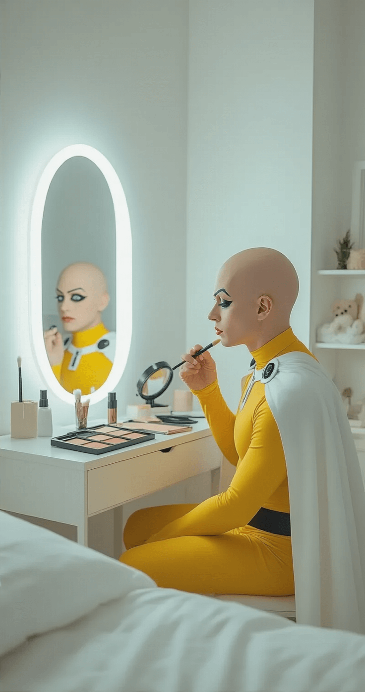 A cosplayer sitting at a minimalist vanity mirror in a bright bedroom, applying a bald cap while preparing to transform into One Punch Man's Saitama. The scene is softly lit, showcasing makeup techniques with a yellow bodysuit and white cape laid out nearby.