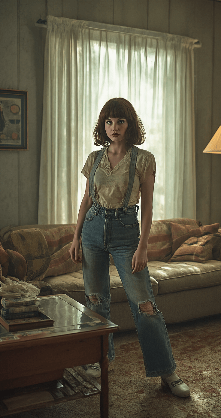 10 Perfect Brown Hair Cosplay Ideas for Beginners A vintage-inspired living room featuring 80s decor, showcasing a woman in Joyce Byers cosplay with distressed clothing and a natural brown wig. The scene is illuminated with moody lighting, casting dramatic shadows while emphasizing photorealistic details.