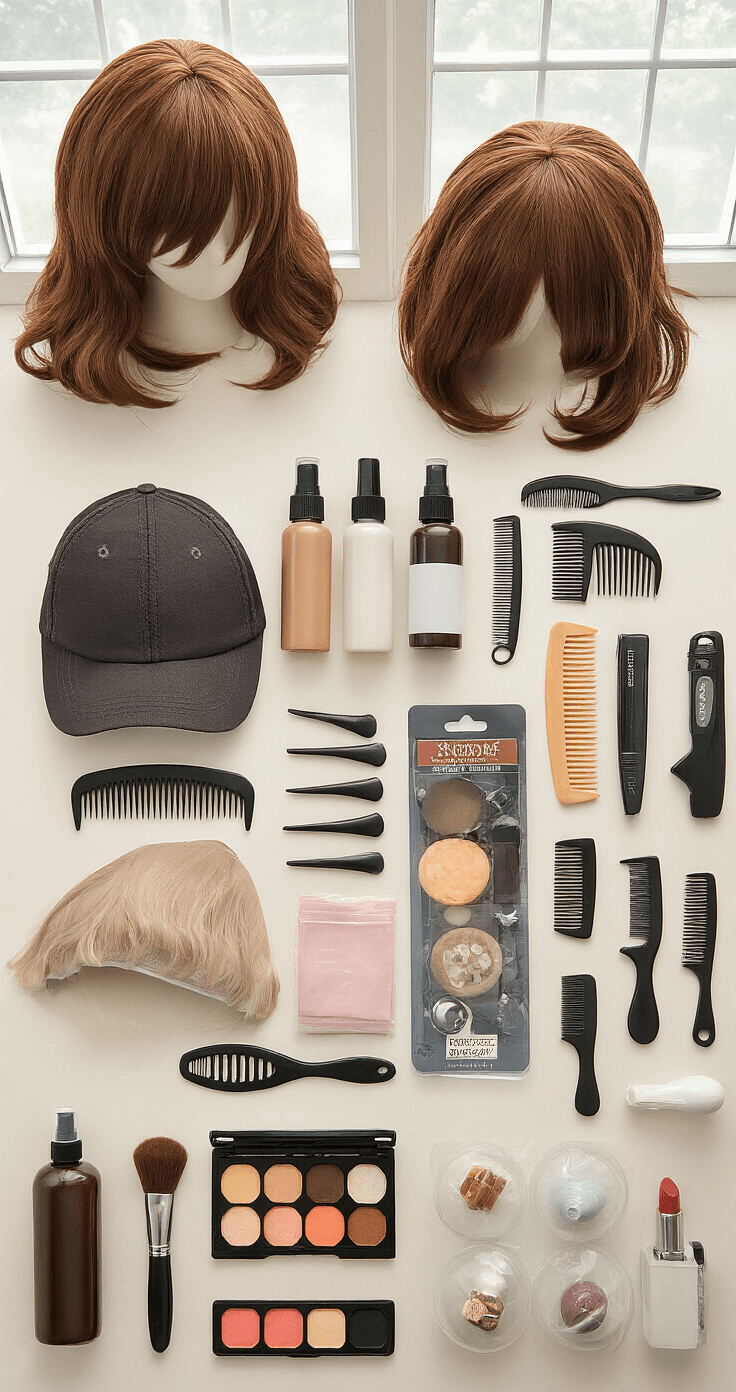 10 Perfect Brown Hair Cosplay Ideas for Beginners A well-lit craft room workspace showcasing organized cosplay materials, including a premium brown wig, styling products, wig cap, combs, and a basic makeup kit arranged in an overhead flat-lay composition with natural daylight illuminating the scene.