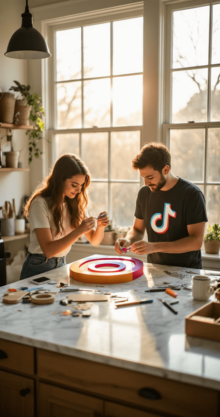 A cozy home studio captures a DIY couple preparing social media costumes, featuring a female applying finishing touches to an Instagram logo costume while her partner works on a TikTok logo, with craft supplies scattered on a marble counter under warm mid-morning light.