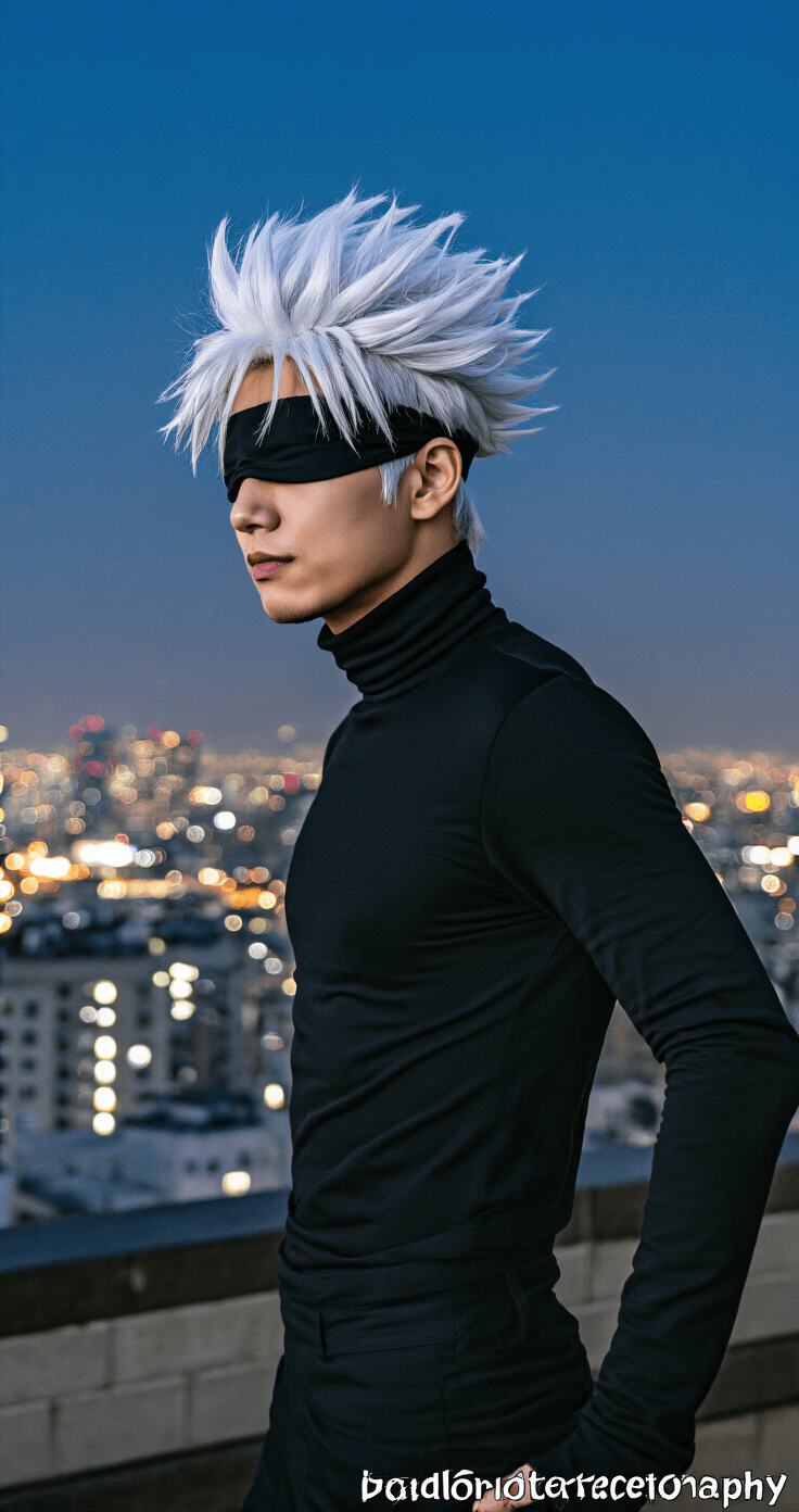 A cosplayer dressed as Gojo from Jujutsu Kaisen poses dramatically on an urban rooftop at twilight, with city lights glowing in the background. Their sleek black turtleneck, stylized white hair, and blindfold contrast against the vibrant skyline, highlighted by rim lighting from professional studio lights. The shot is taken from street level, emphasizing the dynamic composition.