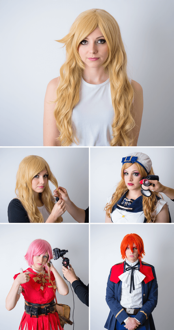 10 Perfect Brown Hair Cosplay Ideas for Beginners Behind-the-scenes shot of a professional photo studio with a seamless white backdrop, showcasing the cosplay transformation process, including wig styling, makeup application, and costume assembly, illuminated by bright, even lighting for clear technical details.