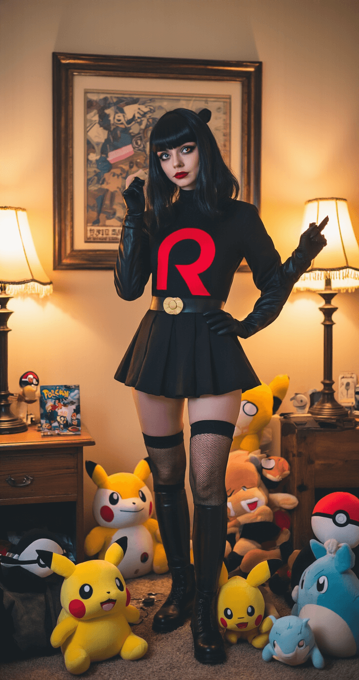 A vintage-inspired bedroom illuminated by warm ambient lighting from antique lamps, featuring a cosplayer in a Team Rocket Grunt costume with a pressed red 'R' logo, surrounded by Pokemon plushies and memorabilia, captured in a lifestyle documentary style during costume assembly.