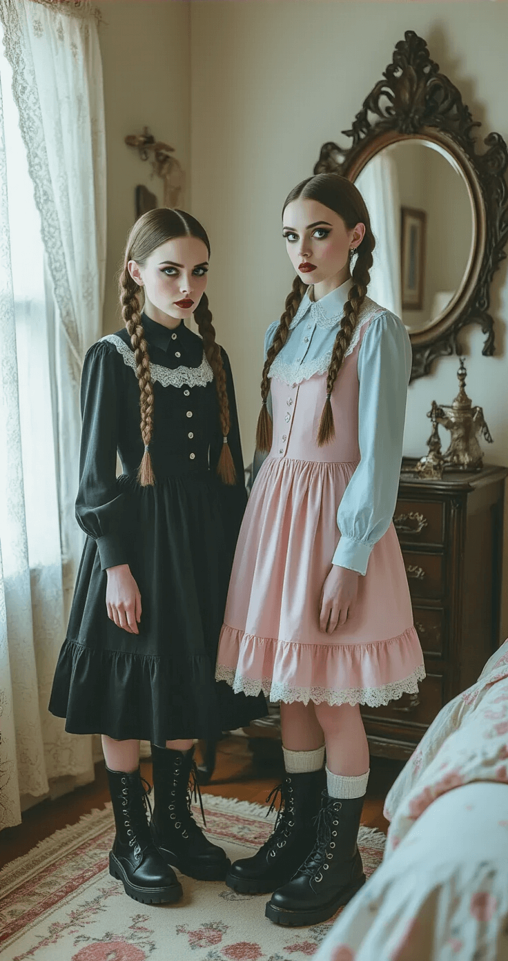 A vintage-inspired styling session featuring Wednesday Addams in a black peter pan collar dress with braided pigtails and combat boots, alongside Enid Sinclair in a pastel pink and blue werewolf outfit, set in a Gothic-meets-pastel bedroom with cool natural light filtering through lace curtains. An antique vanity mirror reflects their detailed makeup application, captured in a wide-angle shot.