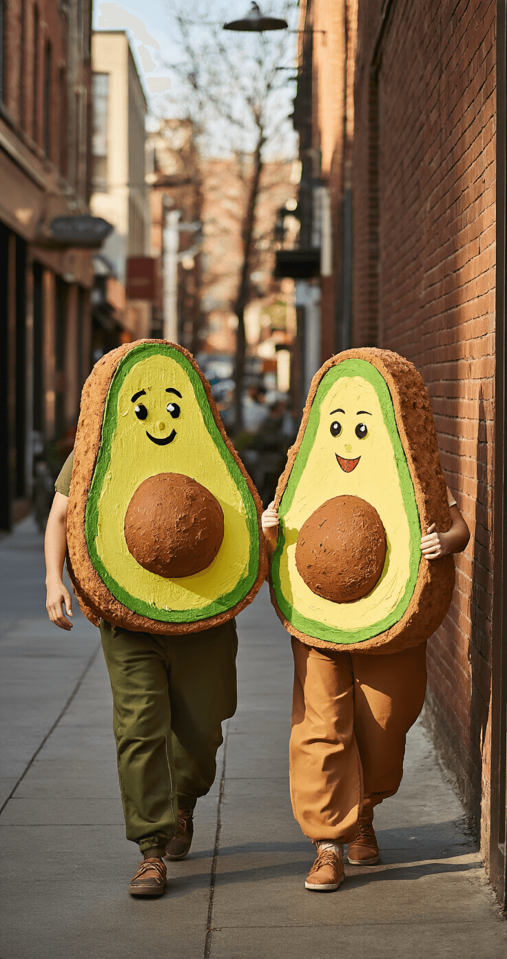 A couple dressed in gourmet food costumes resembling artisanal avocado toast stroll down a trendy neighborhood street during early evening, with long shadows cast on a brick wall. Their outfits feature textured foam constructions and hand-painted details, complemented by comfortable earth-toned base clothing.