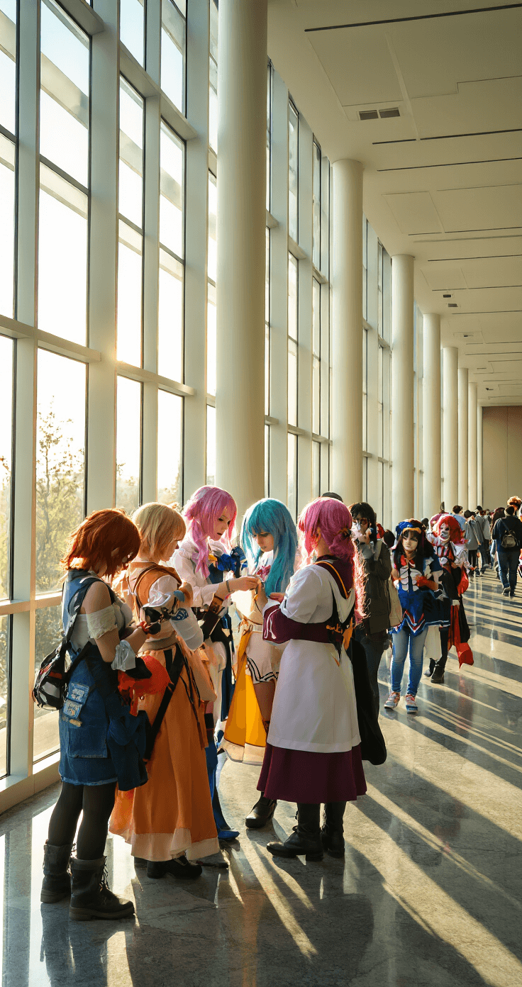 A vibrant convention center hallway bathed in golden sunlight, showcasing a group of cosplayers assisting each other with costume final touches, surrounded by various anime characters in different stages of completion, highlighting a sense of community and collaboration.