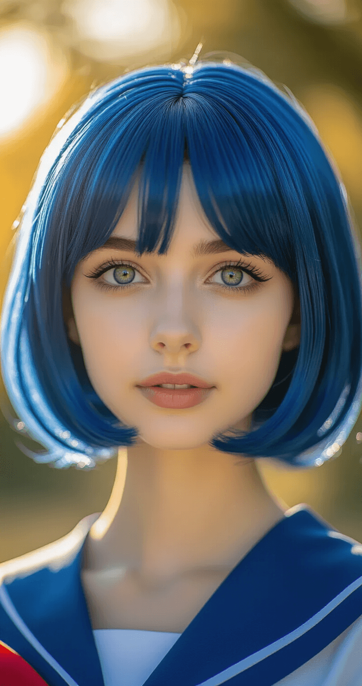 Close-up portrait of a young woman in Sailor Mercury cosplay, featuring a cerulean blue wig with short bangs and soft layers, captured in golden hour light with bokeh background, emphasizing the wig's texture and sheen.