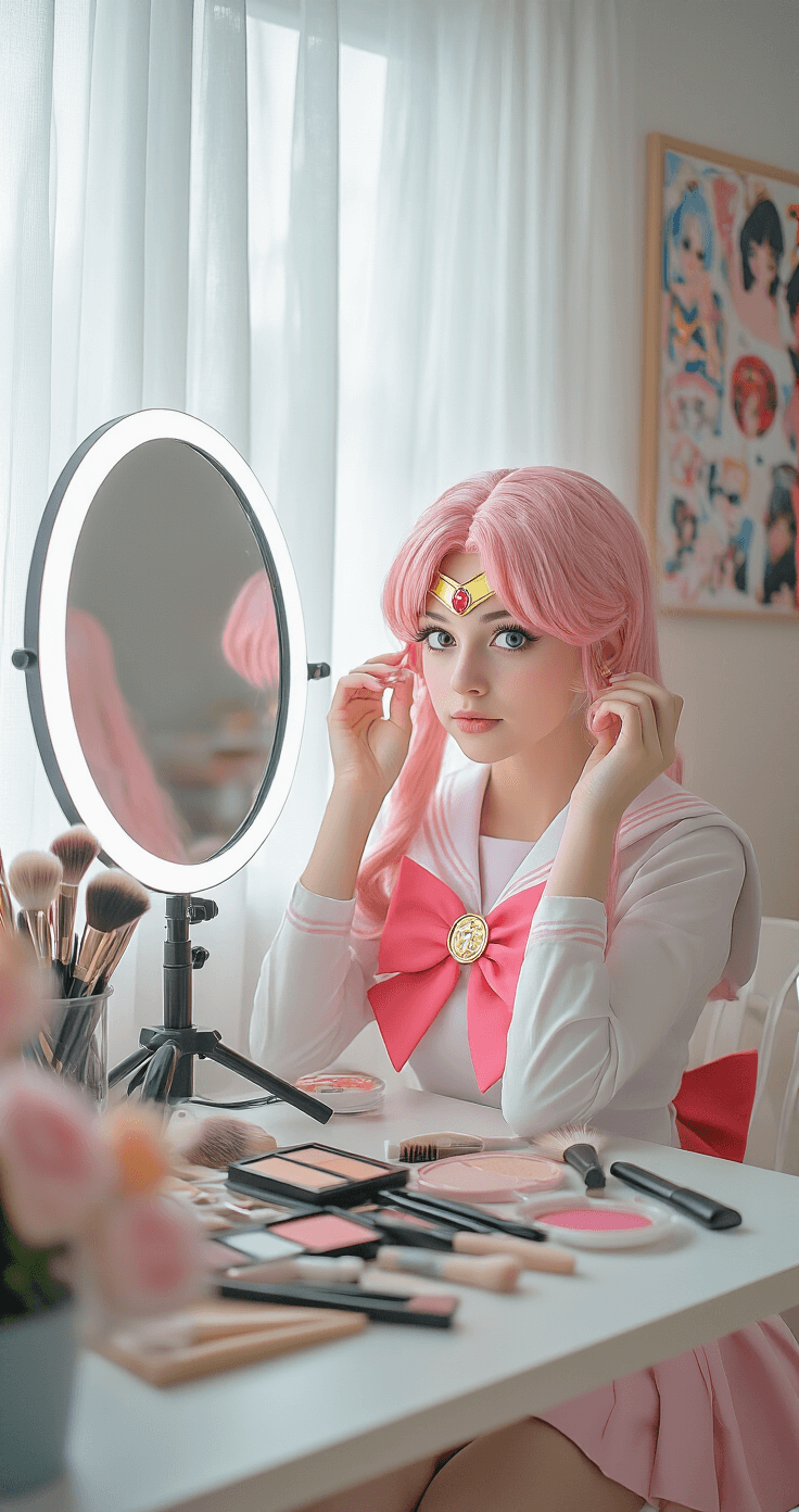 Cute Cosplay Ideas for 2025: Your Ultimate Guide to Kawaii Character Creation Cozy home studio with soft natural light, featuring a young female cosplayer styling a pastel pink Sailor Moon wig on a sturdy wig head, surrounded by organized makeup brushes, hair tools, and cosplay supplies, with a pearl-finished vanity mirror, ring light setup, and an inspiration mood board.