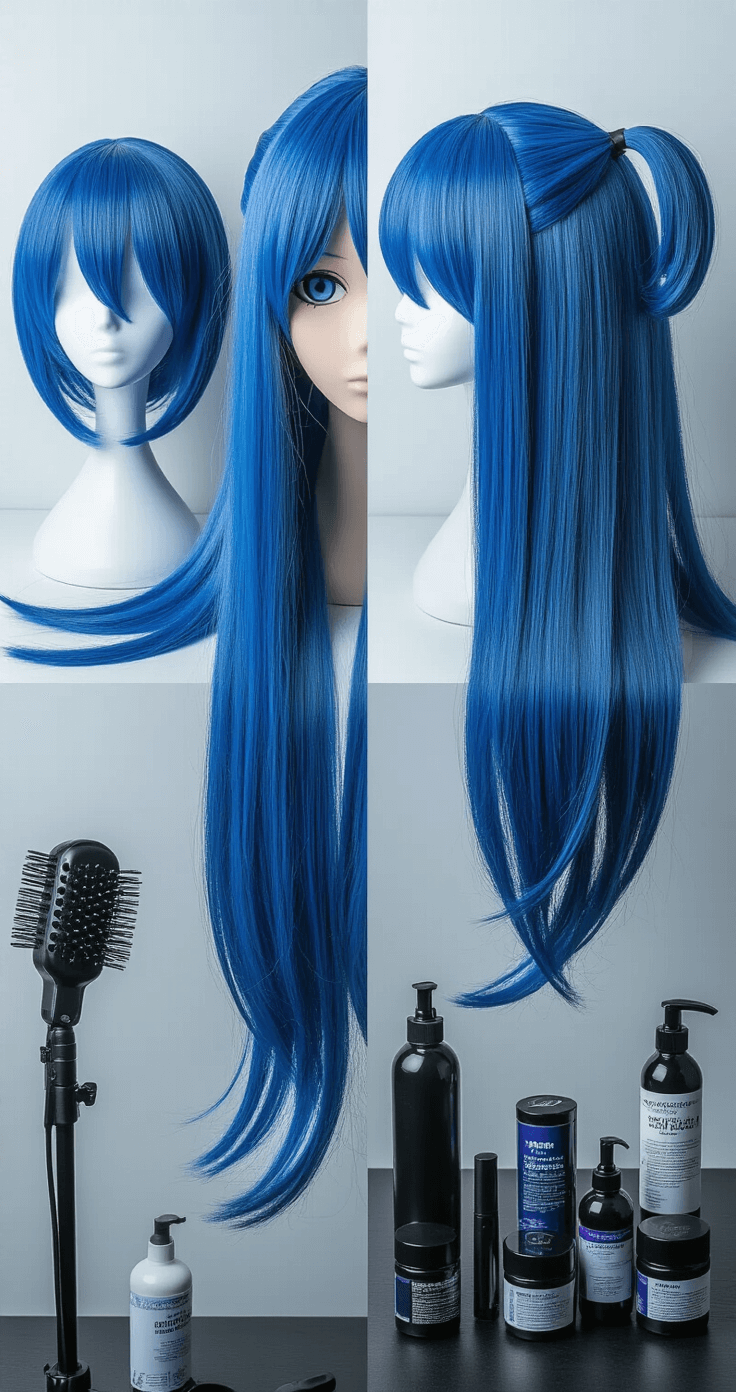 Dramatic studio lighting contrasts a raw Konata Izumi wig on the left with the finished styled wig on the right, showcasing vibrant blue strands and styled bangs. Styling tools and products are artistically arranged in the foreground, captured from above at a slight angle.