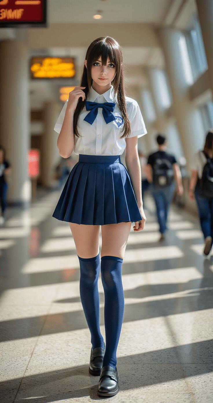 Cute Cosplay Ideas for 2025: Your Ultimate Guide to Kawaii Character Creation A cosplayer in a detailed My Hero Academia UA uniform adjusts her knee-high socks in a brightly lit convention center hallway, with soft backgrounds of other cosplayers and signage, captured in a candid street photography style.