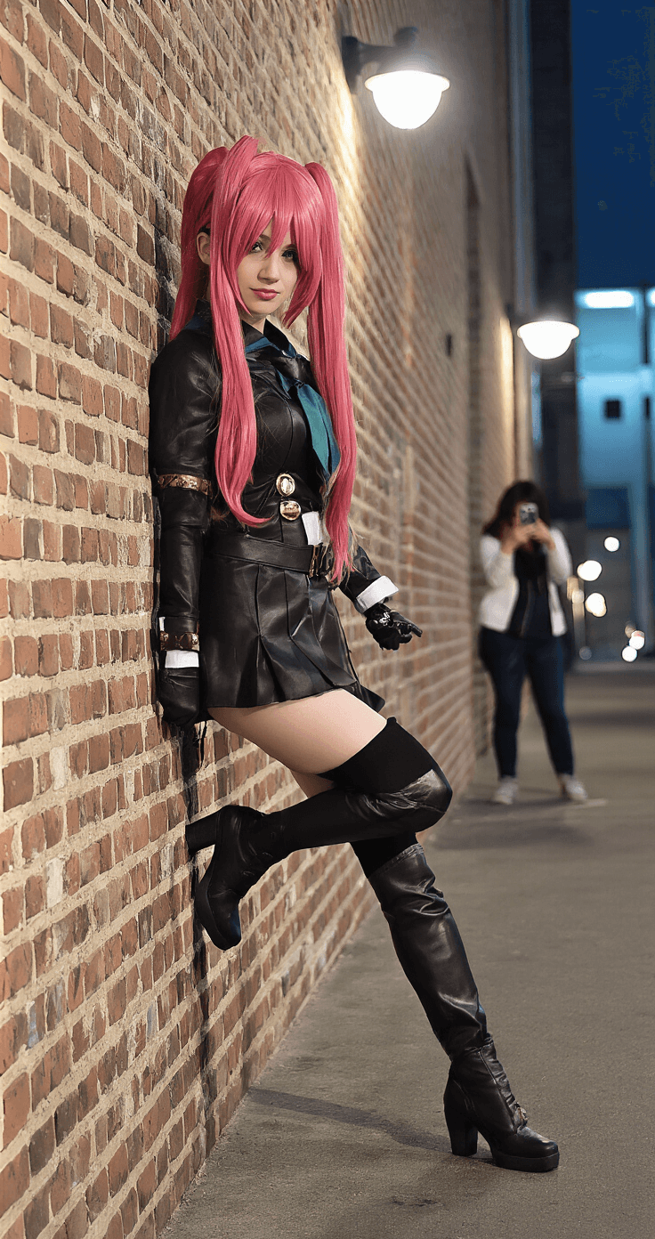 A beginner cosplayer poses against a clean brick wall in an industrial urban setting during an evening photoshoot, with a friend in the background taking photos on a smartphone. Streetlamps illuminate the scene, casting dramatic lighting on the costume and wig.