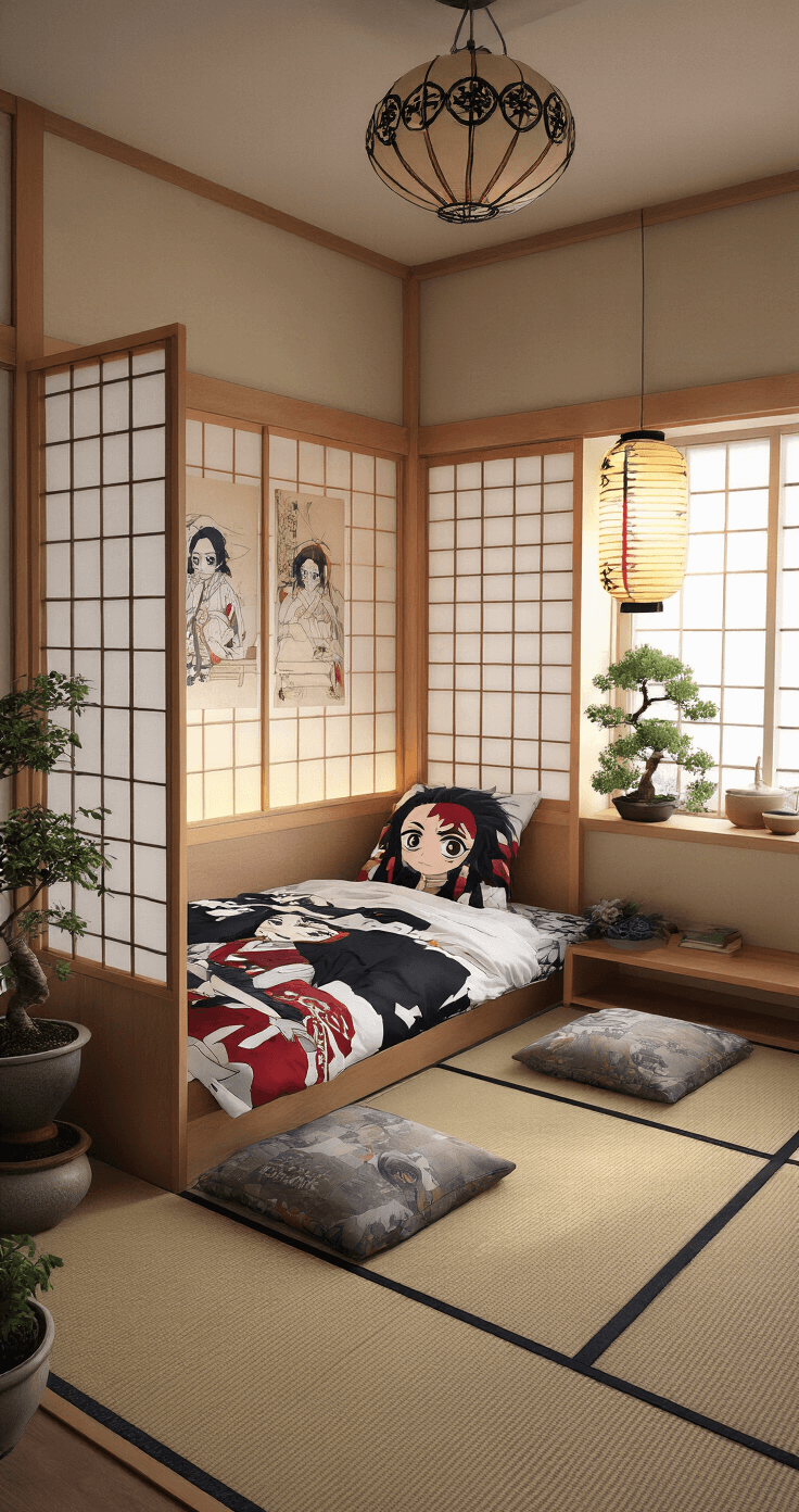 Anime Bedroom Makeover: Transform Your Space into an Otaku Paradise A cozy Japanese-inspired anime teen room featuring a shoji screen room divider with custom artwork, a low platform bed with Demon Slayer-themed bedding, a tatami mat seating area with floor cushions, and a low table for reading manga, adorned with bonsai plants and paper lanterns, all illuminated by morning light.