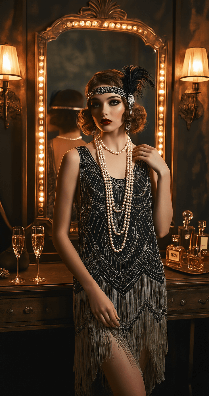 A vintage-inspired dressing room scene for an atmospheric Halloween party, featuring a model adjusting a glamorous 1920s costume with a beaded fringe dress and feathered headpiece, reflected in an Art Deco vanity mirror. The warm dim lighting from antique sconces highlights elegant props like champagne glasses and vintage perfume bottles, with a moody ambiance emphasizing the costume's sparkle and texture.