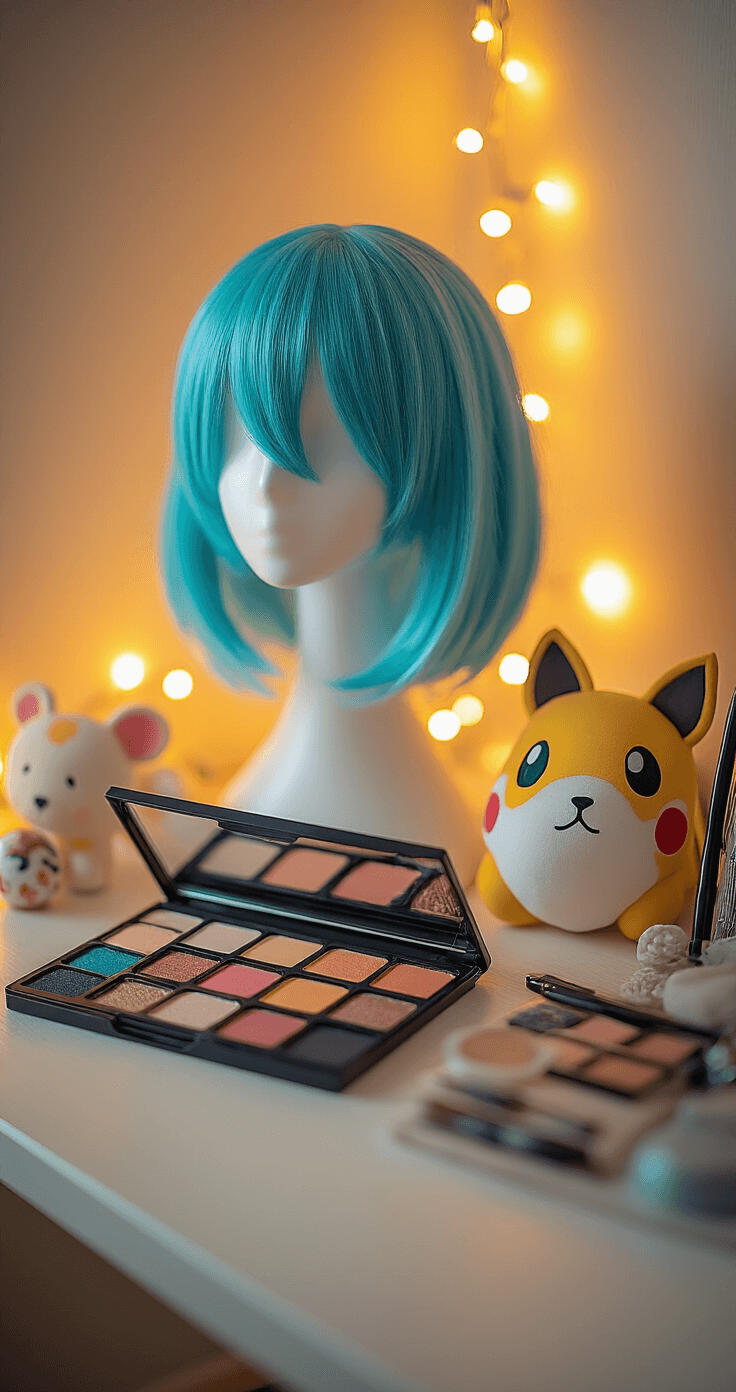 Cute Cosplay Ideas for 2025: Your Ultimate Guide to Kawaii Character Creation Minimalist bedroom corner illuminated by warm golden hour light, showcasing a close-up of an organized cosplay preparation station with an aqua blue character wig, a carefully arranged makeup palette, and handcrafted Animal Crossing accessories, with fairy lights creating a bokeh effect in the background.