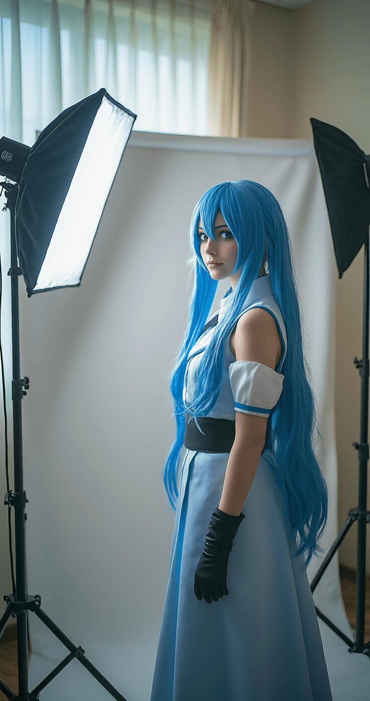 A vibrant behind-the-scenes look at a cosplay photoshoot featuring a cosplayer with blue hair, surrounded by soft box lighting, reflectors, and a simple backdrop, blending natural window light with artificial lighting to enhance the wig's color and texture.