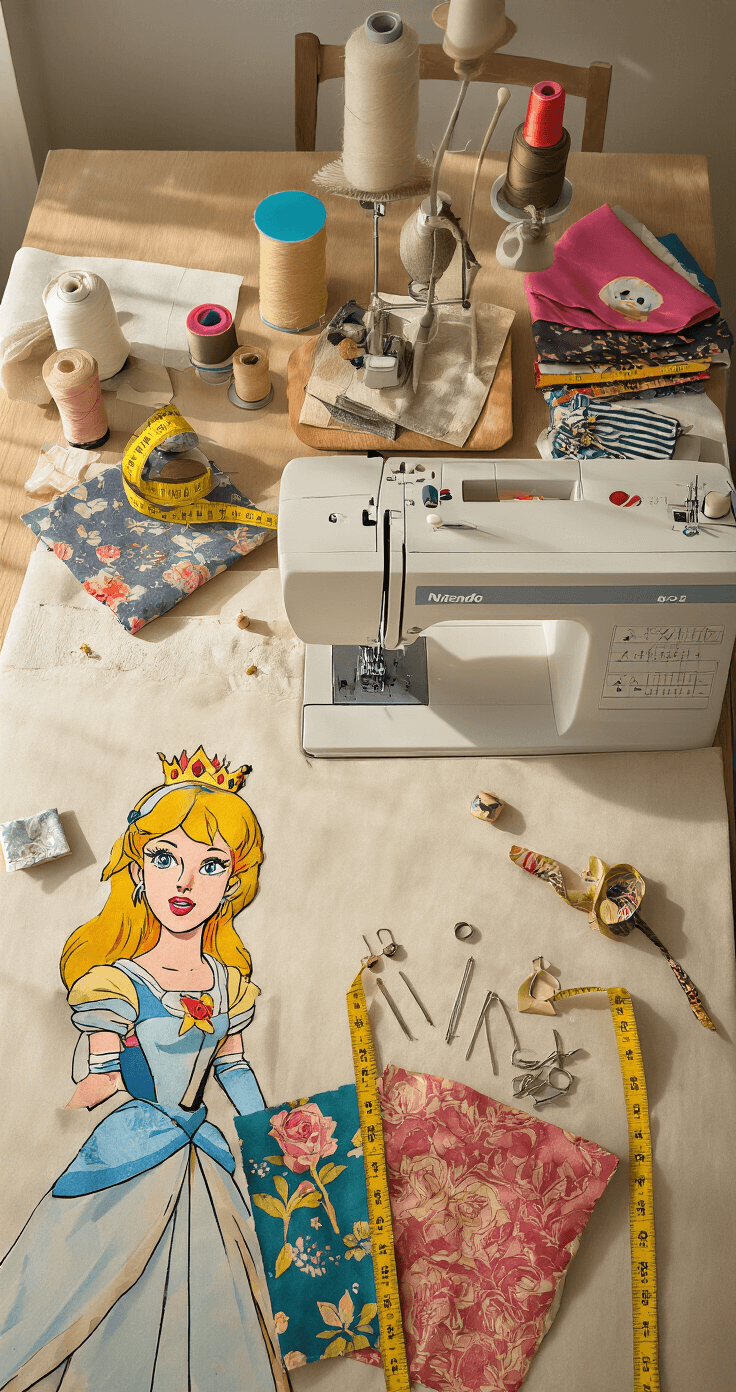 Cute Cosplay Ideas for 2025: Your Ultimate Guide to Kawaii Character Creation An overhead view of a vintage-inspired craft room filled with soft afternoon light, showcasing a neatly arranged workspace for costume making. It features measuring tape, colorful fabric swatches, and elements of a Nintendo princess costume in progress, along with a sewing machine, pins, and pattern pieces, all highlighting various textures.