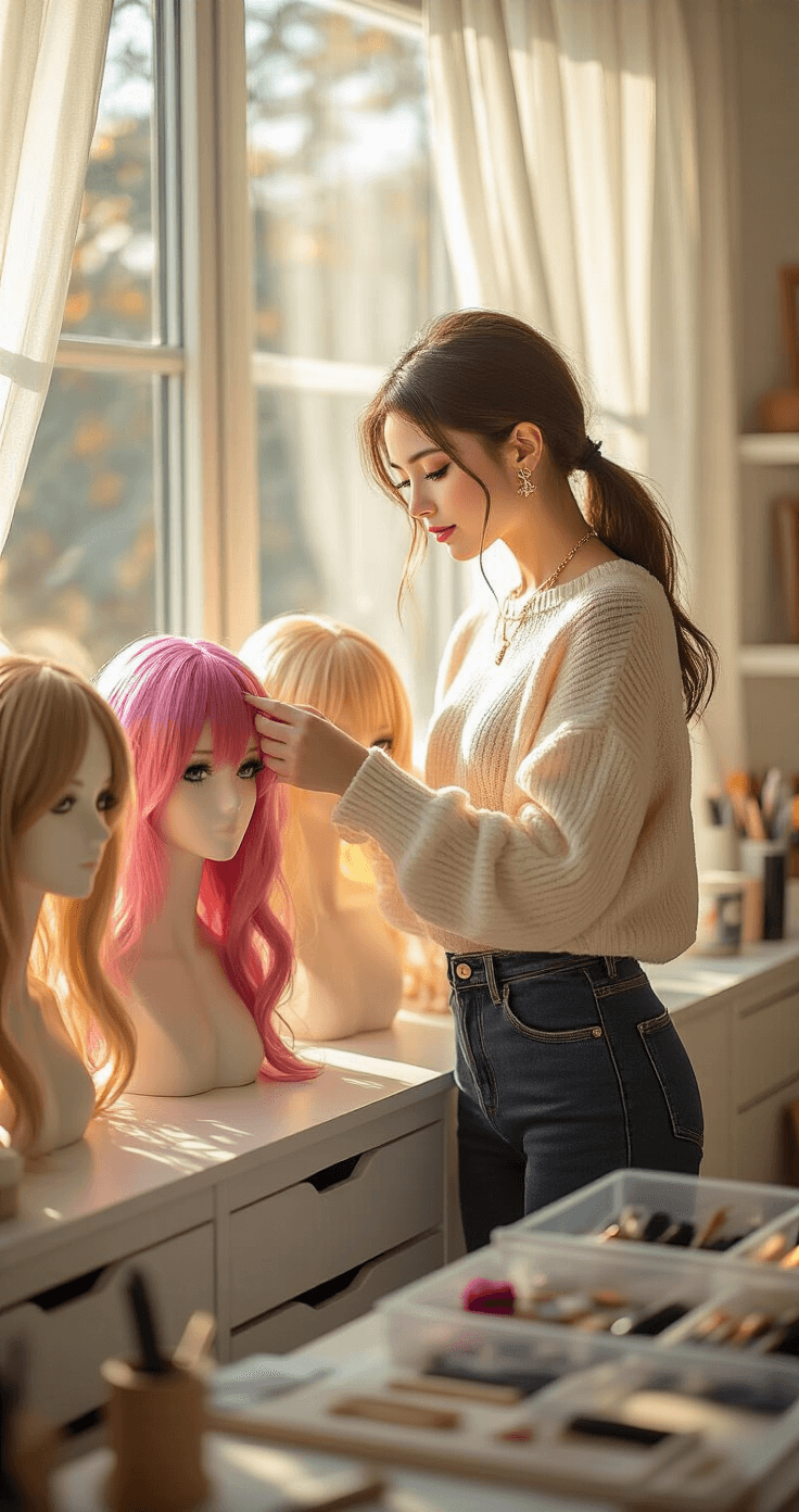 Ultimate Guide to Cosplay Wig Styling: Transform Your Character Look A young woman in a cream knit sweater examines colorful synthetic cosplay wigs on mannequin heads in a sunlit craft room, with organized drawers and styling tools visible around her.