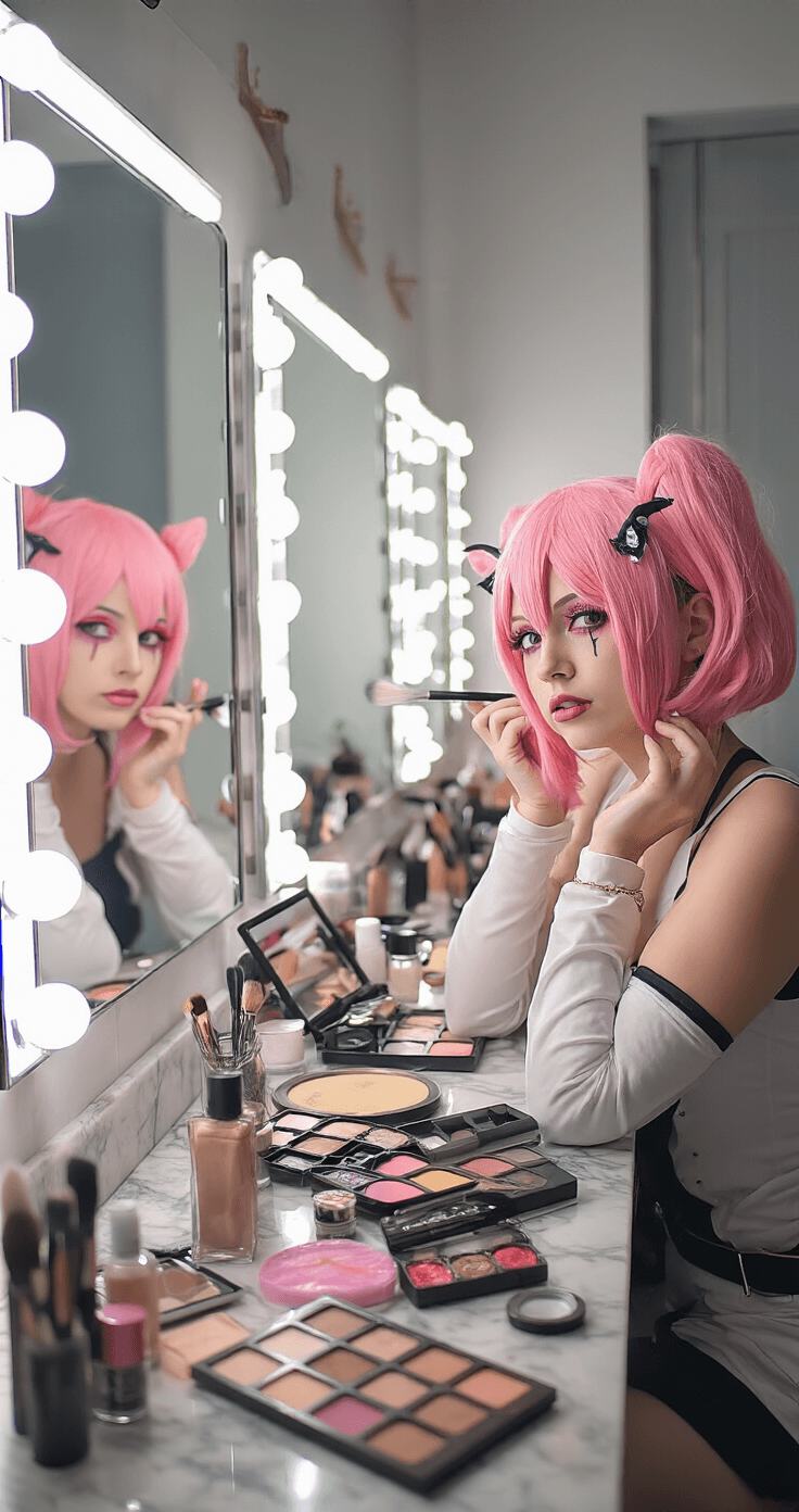 Cute Cosplay Ideas for 2025: Your Ultimate Guide to Kawaii Character Creation Close-up of a cosplayer applying makeup in a contemporary bathroom, featuring a pink cosplay wig and an organized array of makeup products on a marble counter, with multiple mirrors reflecting the scene in a beauty photography style.