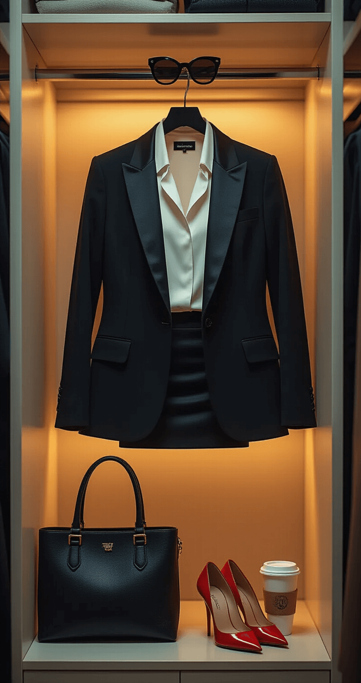 A chic luxury walk-in closet showcases a designer outfit inspired by The Devil Wears Prada, featuring a black blazer over a white silk blouse, a pencil skirt, and red-soled stilettos, complemented by oversized sunglasses, a leather tote, and a coffee cup, all highlighted with a soft focus on the rich textures.