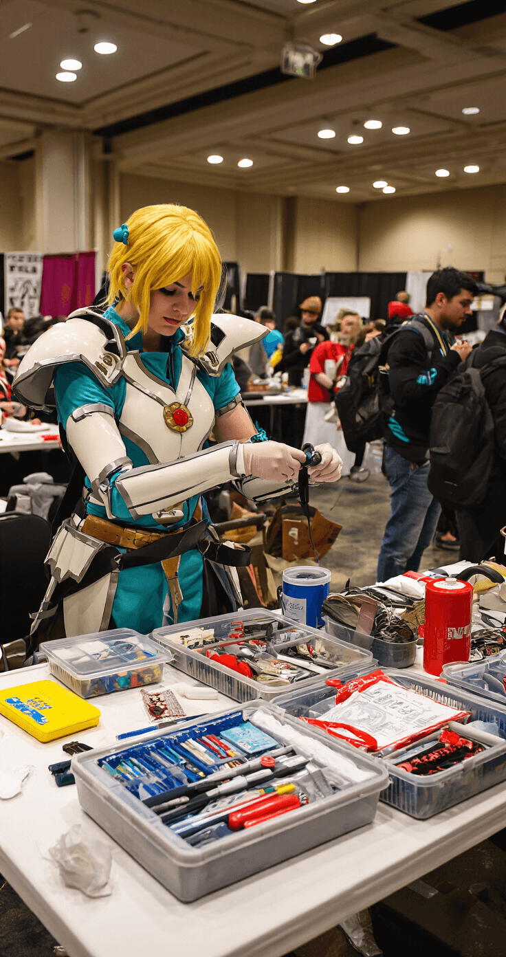 Cute Cosplay Ideas for 2025: Your Ultimate Guide to Kawaii Character Creation A cosplayer in a convention prep area making last-minute repairs with an emergency fix-it kit, showcasing a detailed view of various costume accessories laid out neatly in the background, captured in a photojournalistic style.