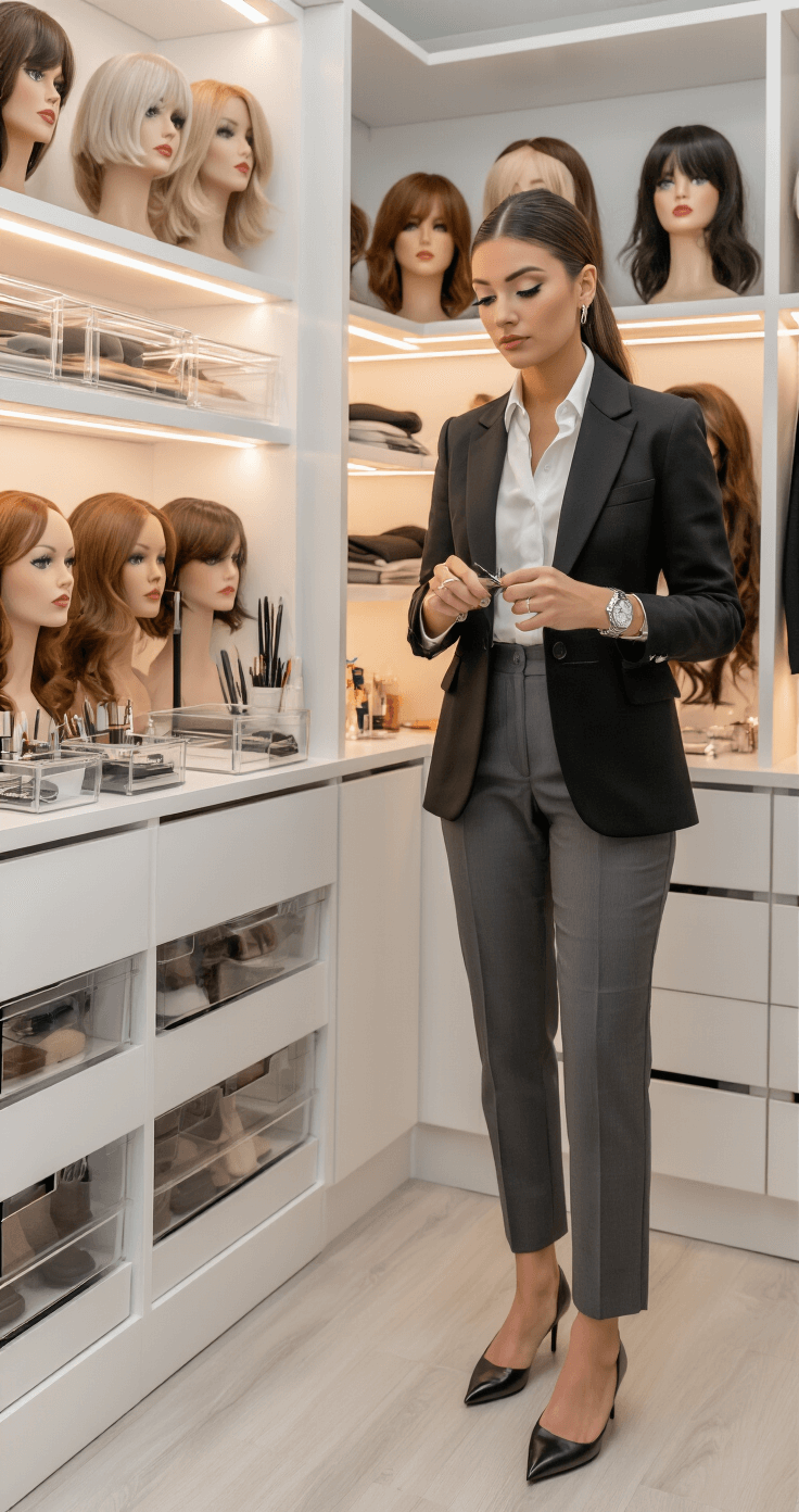 Ultimate Guide to Cosplay Wig Styling: Transform Your Character Look A stylish young woman demonstrates wig cutting techniques in a chic walk-in closet turned preparation station, featuring warm LED lighting, organized shelving with character wigs, and neatly arranged professional tools. She wears a monochrome outfit with a black blazer, white button-down, and tailored trousers, showcasing her skill and fashion sense.