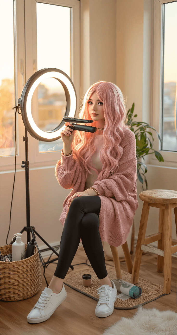 Ultimate Guide to Cosplay Wig Styling: Transform Your Character Look A cozy apartment corner features a creative woman styling a vibrant anime-inspired wig with a low-heat flat iron. Warm golden sunlight pours in through windows, complemented by a ring light. She wears a soft oversized dusty rose cardigan over black leggings and white leather sneakers. The scene includes a sleek wig stand, heat-resistant mat, and freeze spray bottle, with natural textures like a woven basket and wooden stool creating warmth. Captured at a three-quarter angle with shallow depth of field, the focus is on her artistic expression and the careful styling process.