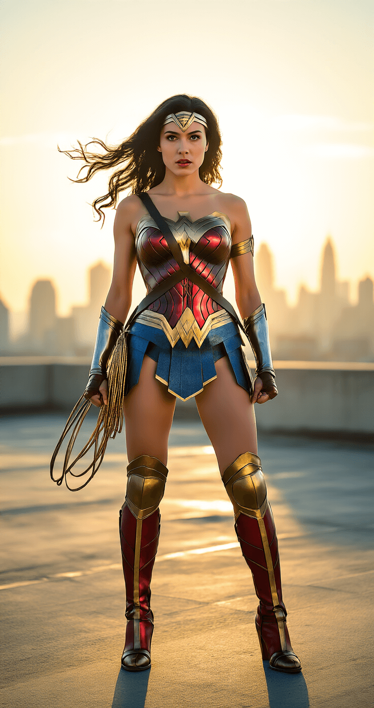 A glowing Wonder Woman costume with metallic armor, a deep blue skirt, and red boots stands on an industrial rooftop, illuminated by golden afternoon light. The model's wind-blown hair and dramatic pose convey movement, with a city skyline in the background.