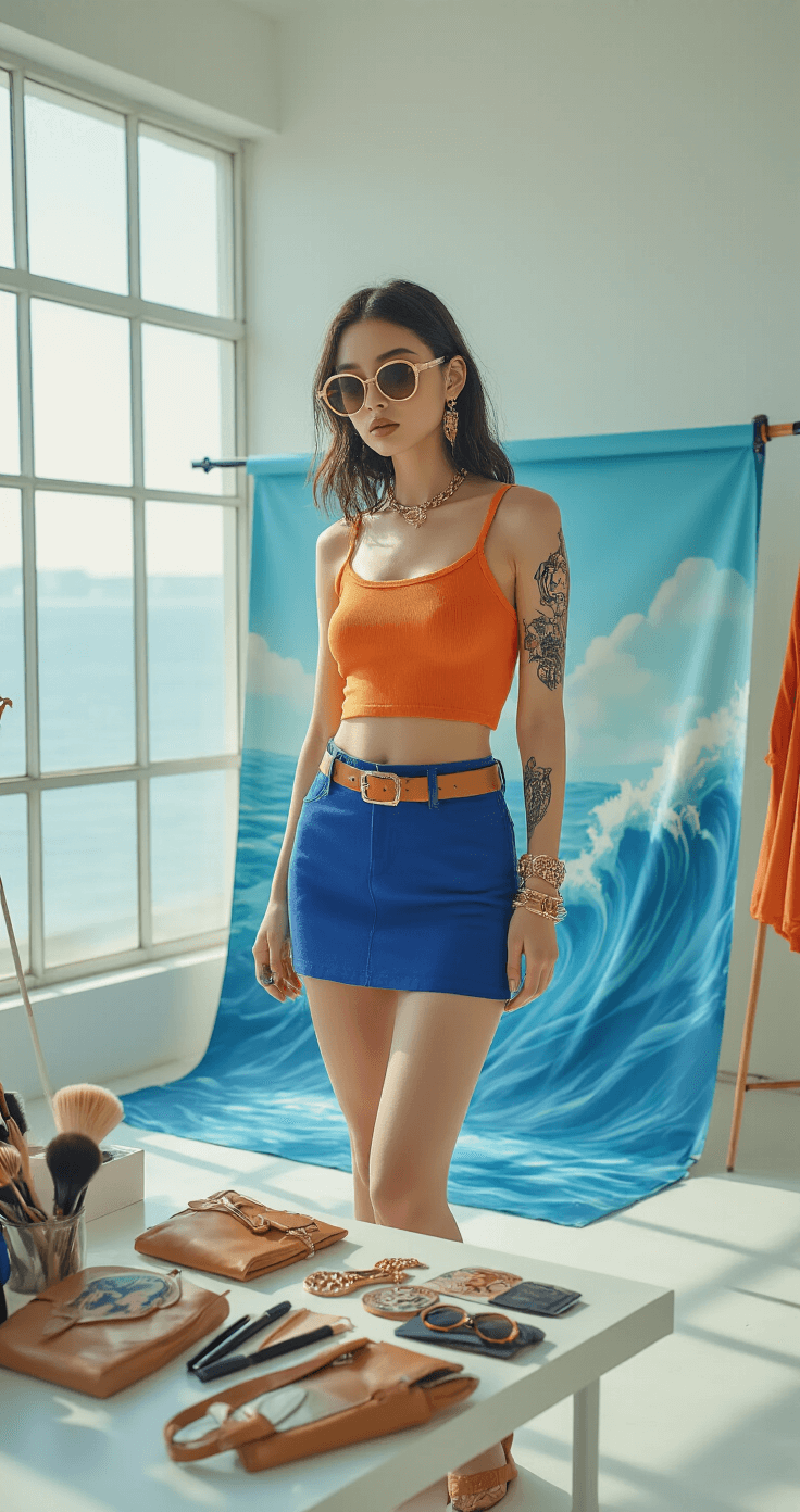A model poses in a minimalist photography studio with soft diffused lighting, wearing a vibrant orange cotton crop top and royal blue mini skirt against an ocean-themed backdrop, surrounded by styling elements like temporary tattoos and statement sunglasses, with makeup brushes and hair tools arranged on a clean white surface.