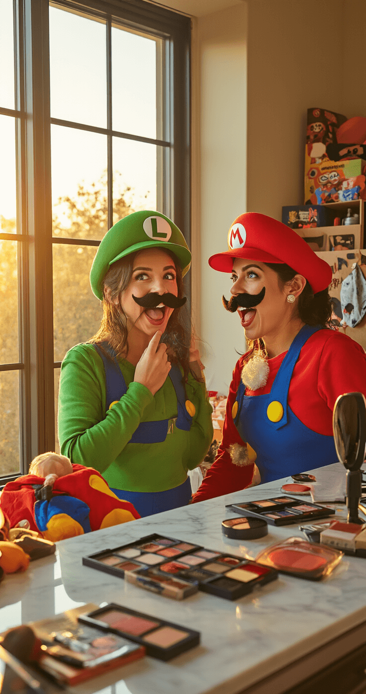 Matching Halloween Costumes: Your Ultimate Guide to Coordinated Fun Two friends in vibrant Mario and Luigi costumes joyfully adjust their mustaches in a bright home studio, surrounded by costume accessories and Halloween decoration boxes, illuminated by golden hour light.