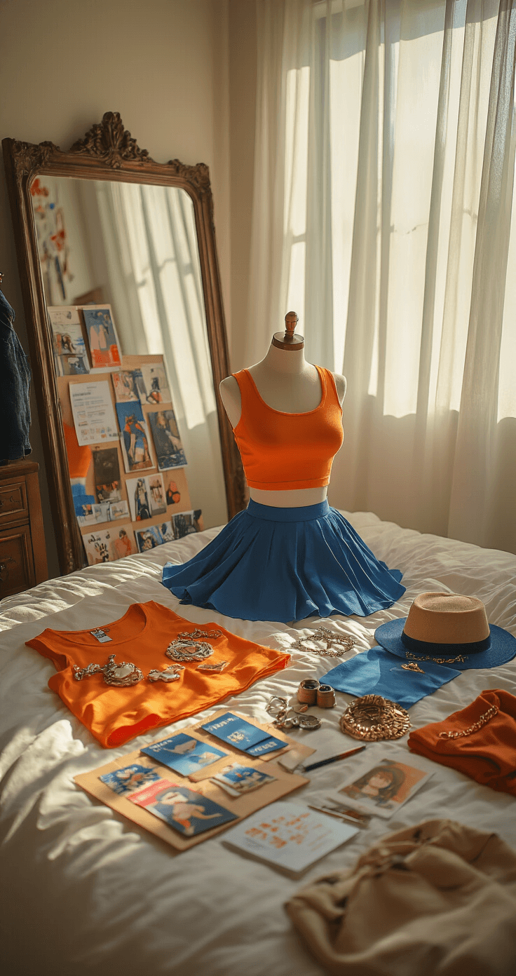 A cozy bedroom transformed into a cosplay preparation area, filled with soft morning light, featuring a made bed with budget-friendly clothing items, character accessories, and styling tools. A vintage mirror reflects the organized chaos of costume creation, with fabric swatches and a mood board showcasing color palettes and reference images. Warm lighting enhances the textures of various materials and jewelry, capturing an intimate, creative atmosphere.