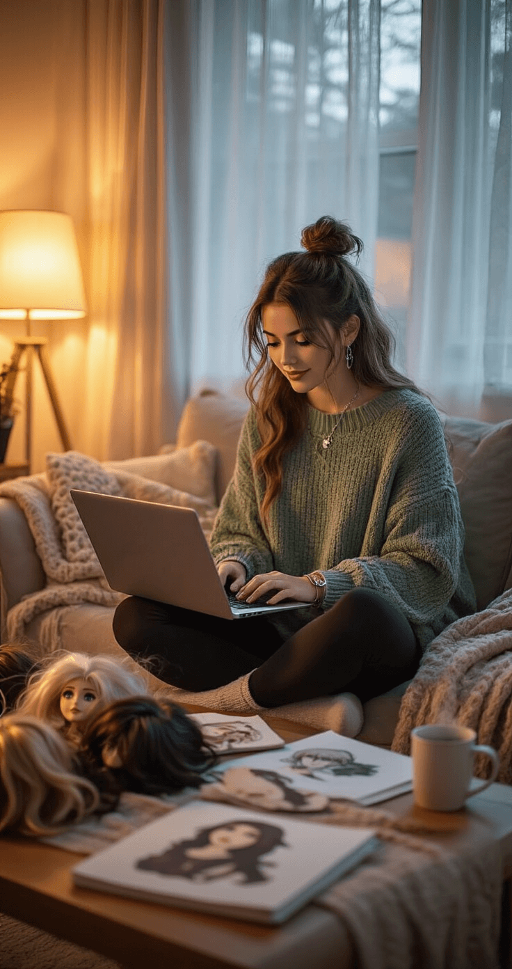 Ultimate Guide to Cosplay Wig Styling: Transform Your Character Look A cozy living room corner transformed into a cosplay workspace, featuring an enthusiastic woman in a sage green oversized sweater and yoga pants, engaged with online tutorials on her laptop. The warm evening light enhances the intimate ambiance, illuminating character wigs, sketches, and a steaming mug on the coffee table, while she practices wig styling techniques.