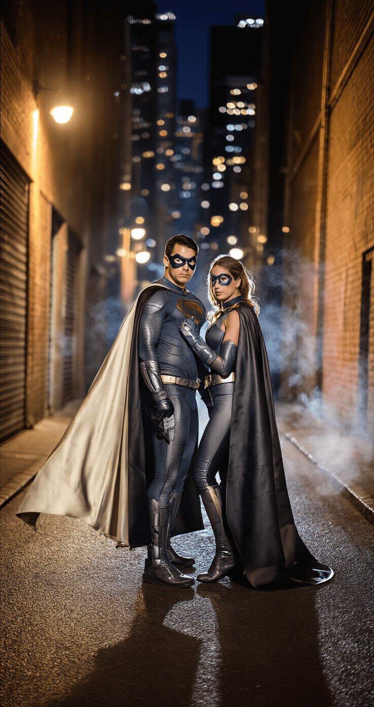 Matching Halloween Costumes: Your Ultimate Guide to Coordinated Fun A couple dressed in premium superhero costumes poses dramatically in an urban alleyway, with cinematic lighting highlighting their metallic fabrics and embossed leather. The scene includes dynamic poses and atmospheric smoke, set against a backdrop of blurred city lights.